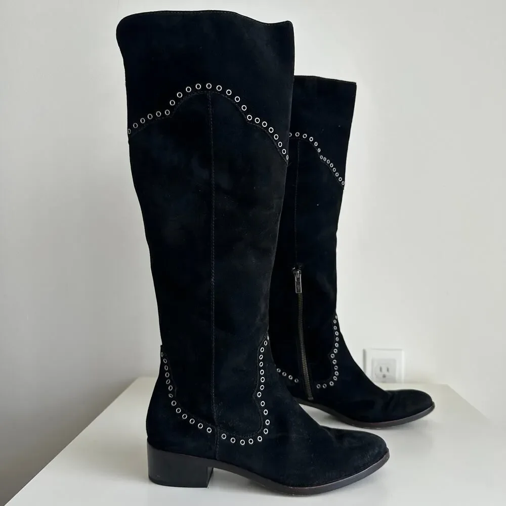 FRYE Boots Womens 6.5 Black Over The Knee Suede Leather Ray Grommet Studded